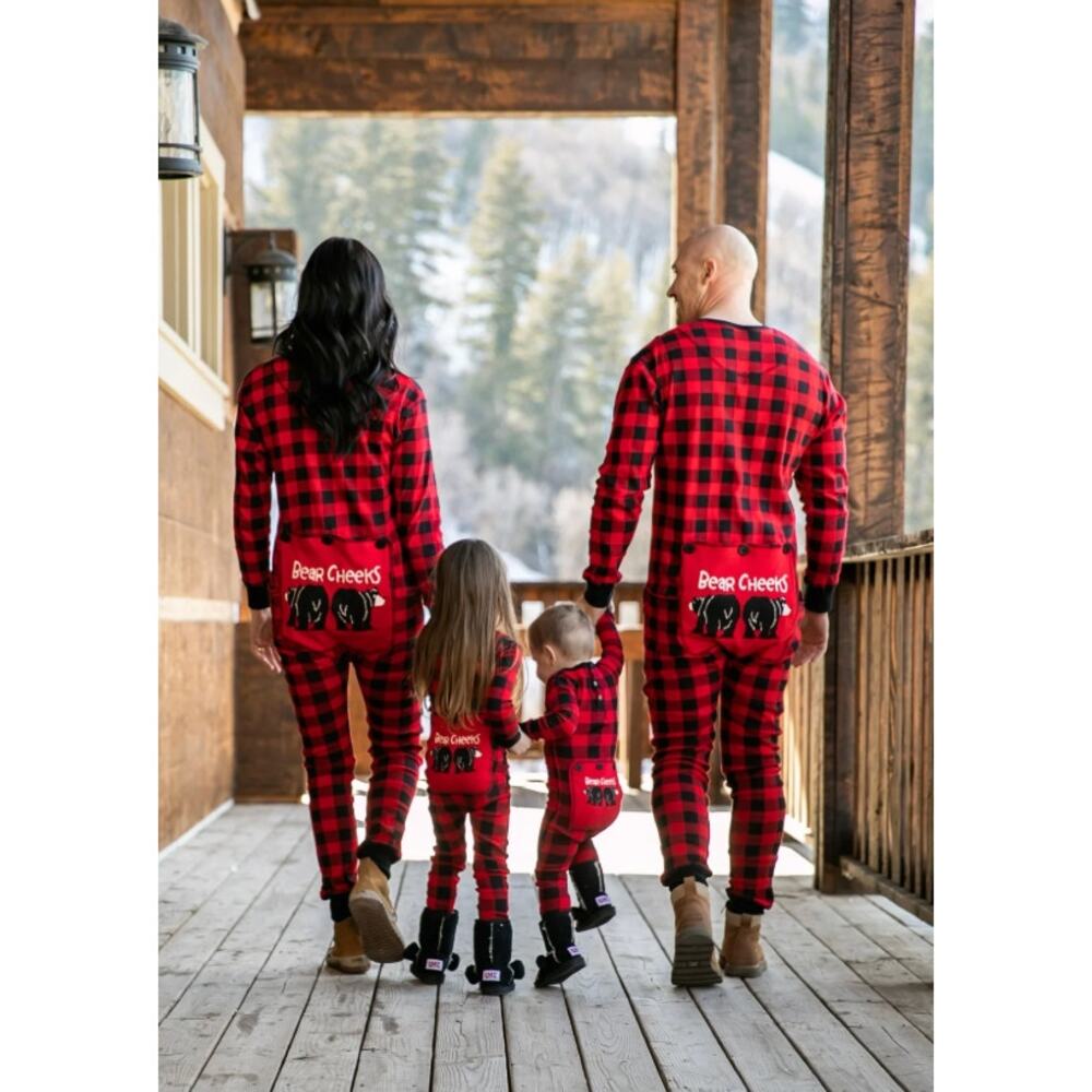 LazyOne - Holiday Pajamas Onesie Adults - Red Plaid Bear Cheeks - Size XL